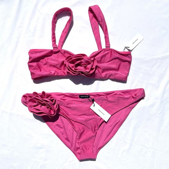 Karen Millen Rosette 2 Piece Bikini Swimsuit Set Womens Large Hot Pink Cheeky - Picture 1 of 10